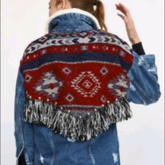 Zara Denim Sherpa Coat with Fabric Pattern - Picture 3 of 6